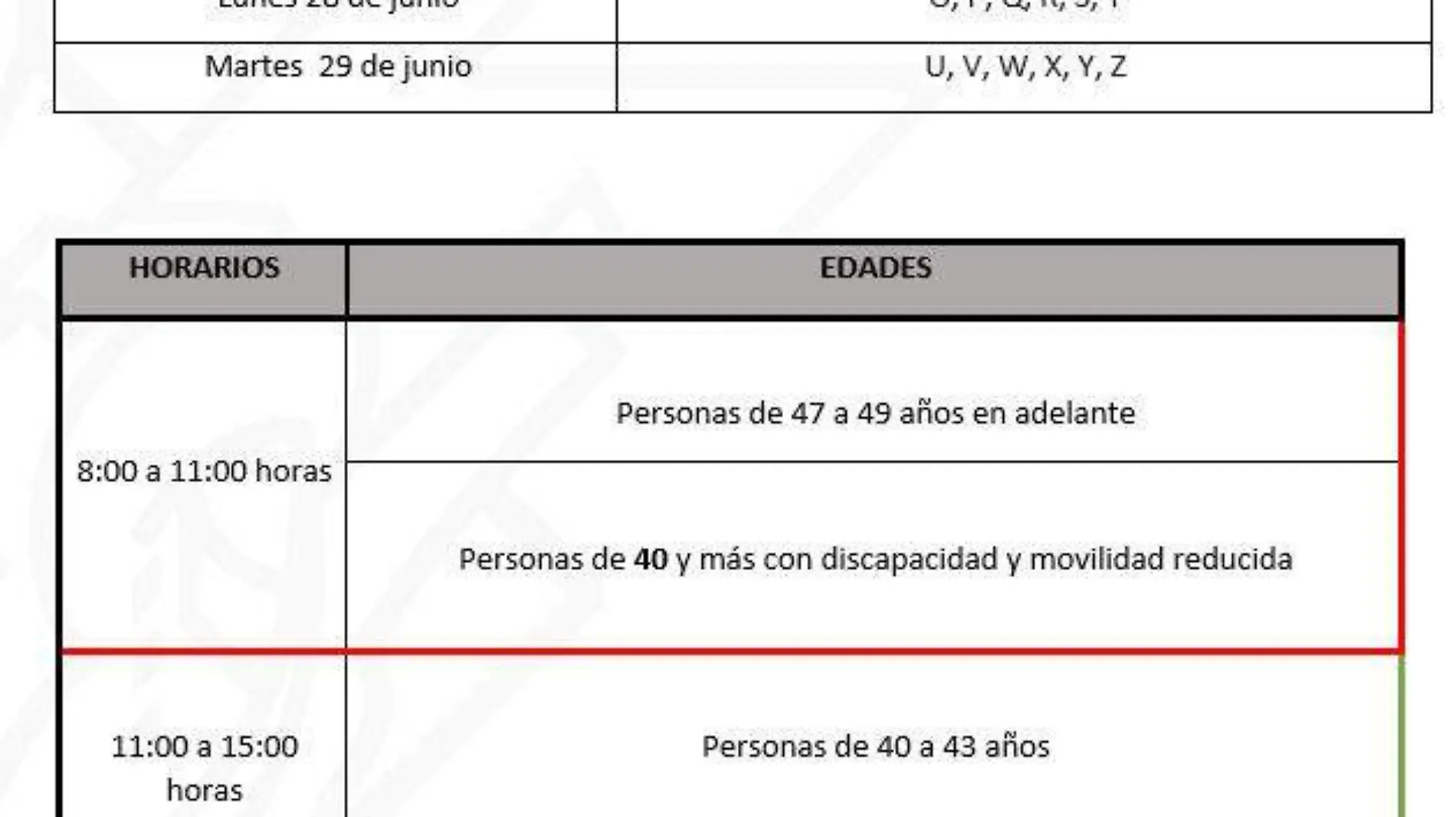 Horarios y días de vacunación 40 y más 